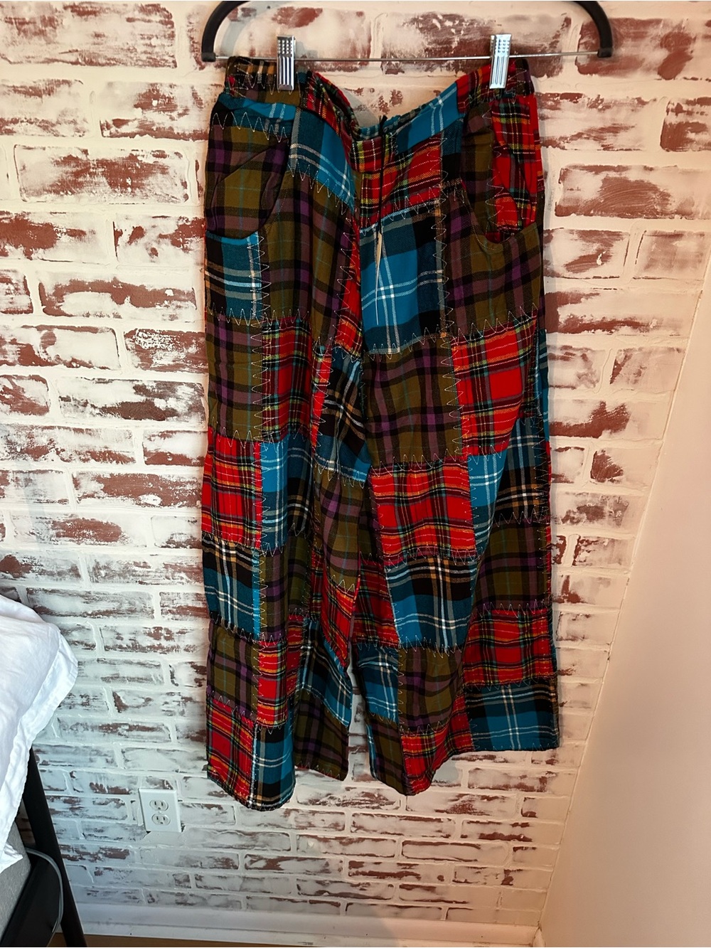 Patchwork Plaid Wide Leg Pants in Red, Blue & Olive